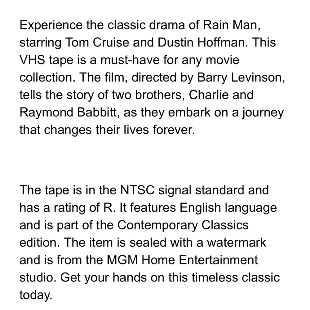 Rain Man VHS Tape - Classic Movie VHS Seal Cover 1988 Target White label. - Picture 10 of 16